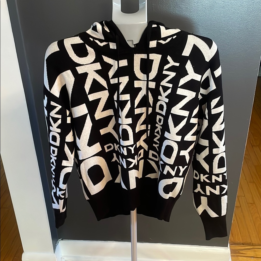 DKNY Black and White Hoodie Sweater with Bold Graphic Design